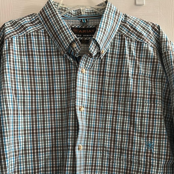 Ariat Pro Series Long Sleeve Button Up Shirt Brown and Blue Plaid Men’s XL - Picture 3 of 10